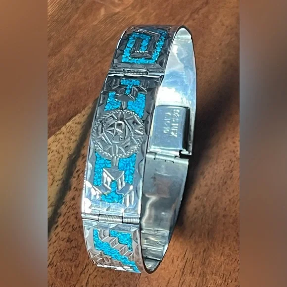 GM 10 MEXICO 925 STERLING SILVER TURQUOISE INLAY Hinge BRACELET 6.75” clasp 22g - Picture 13 of 16